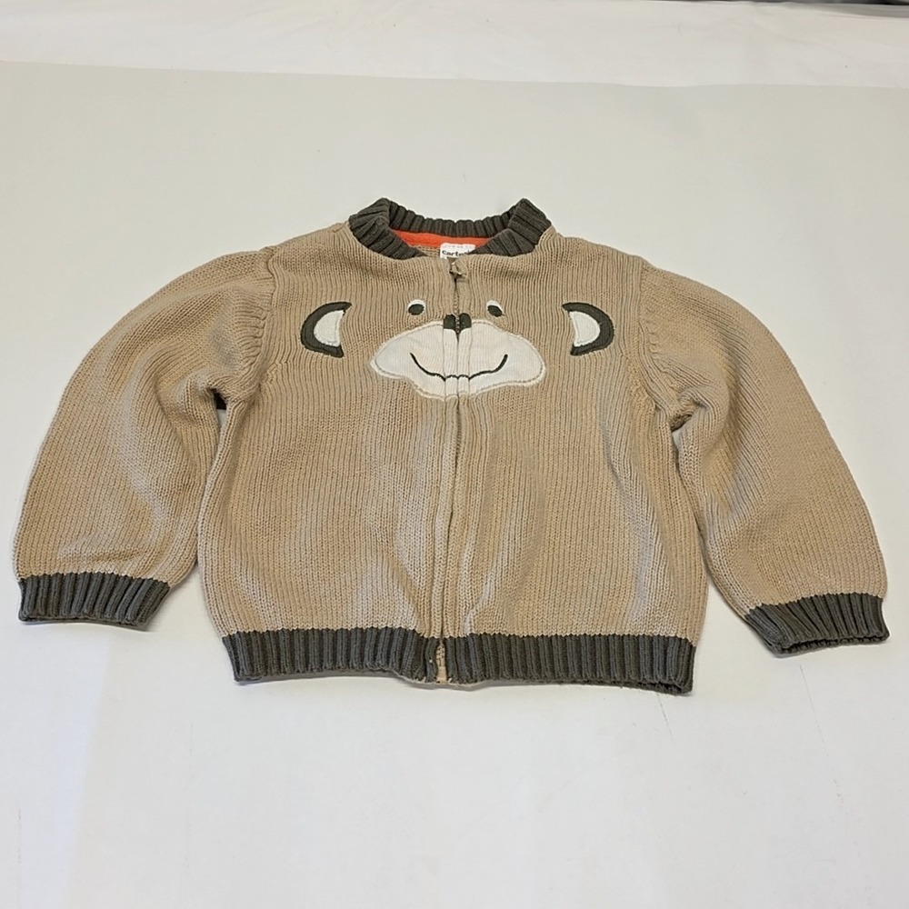 Vintage Carter's Monkey Zip Cardigan Sweater Boys 18M Tan Cotton Knit Y2K